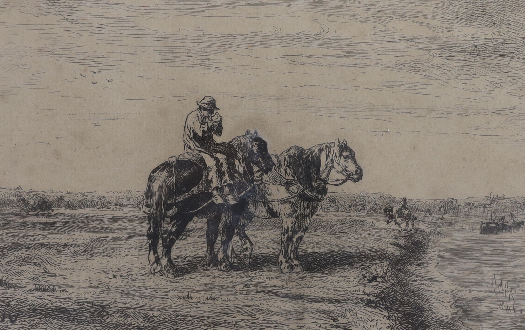 J. Veyrassat after Rosa Bonheur (French, 1822-1899), drypoint etching, 'Un Relais', figure with two horses, signed in pencil, 13.5 x 22cm